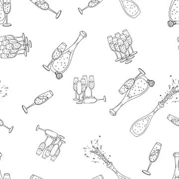 Festive champagne bottles seamless pattern. Vector illustration of a bottle o Stock Illustration