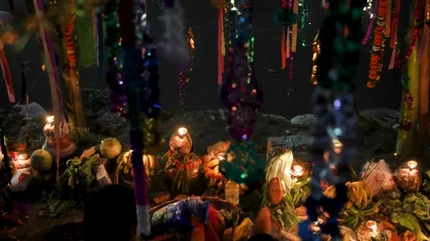 Festive chhath puja devotee carrying decorated daali with diya at riverside.. Stock Footage 316674900