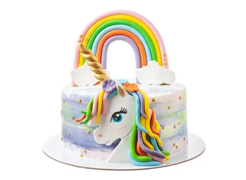 Festive children's unicornio cake. Multicolored rainbow. On a white background Stock Photos
