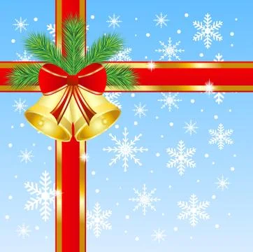 Festive christmas background with the branches of silver fir and campanellis Stock Illustration