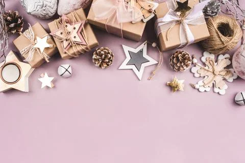 Festive Christmas background with gift boxes and Christmas decorations Stock Photos