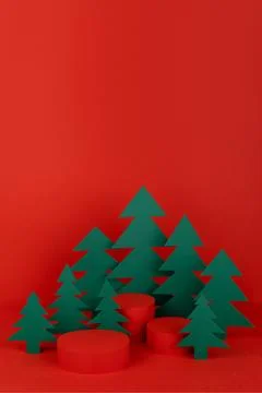 Festive Christmas background with three red cylinder podiums mockup, green pa Stock Illustration