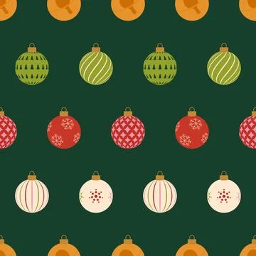 Festive Christmas Baubles Seamless Pattern on Dark Green Background, Flat V.. Stock Illustration