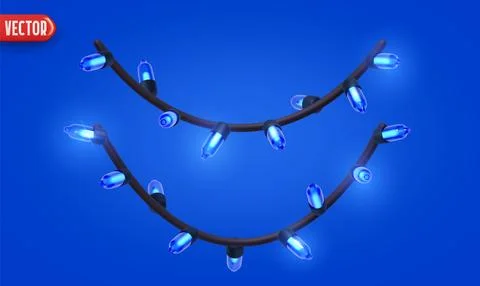 Festive Christmas Blue string lights brightly glowing. Realistic 3d New Year  イラスト素材