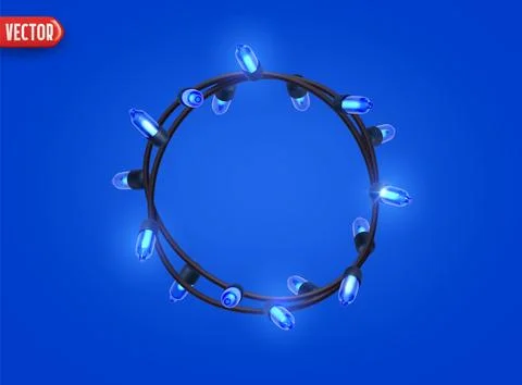 Festive Christmas Blue string lights brightly glowing. Realistic 3d New Yea.. Illustrazione stock
