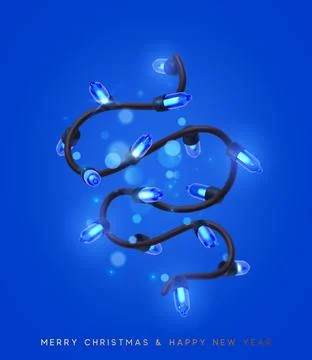 Festive Christmas Blue string lights brightly glowing. Realistic 3d New Yea.. Illustrazione stock