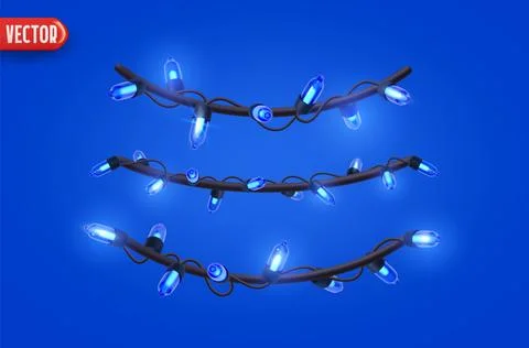 Festive Christmas Blue string lights brightly glowing. Realistic 3d New Year  Illustrazione stock