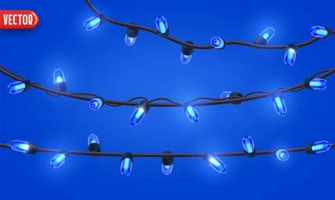 Festive Christmas Blue string lights brightly glowing. Realistic 3d New Year  イラスト素材