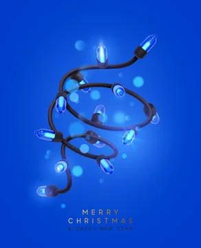 Festive Christmas Blue string lights brightly glowing. Realistic 3d New Year  Stock Illustration