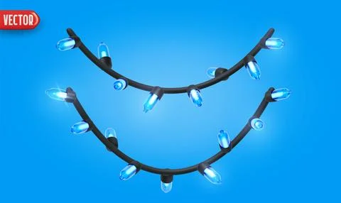 Festive Christmas Blue string lights brightly glowing. Realistic 3d New Year  Stock Illustration