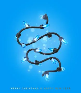 Festive Christmas Blue string lights brightly glowing. Realistic 3d New Year  Stock Illustration