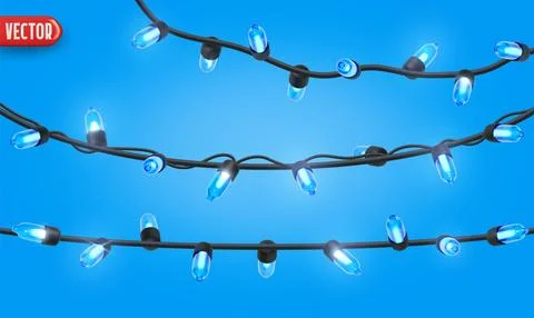 Festive Christmas Blue string lights brightly glowing. Realistic 3d New Year  Stock Illustration