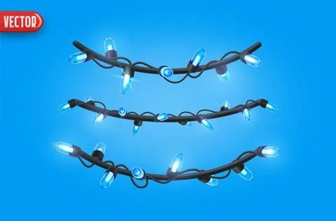 Festive Christmas Blue string lights brightly glowing. Realistic 3d New Year  Stock Illustration
