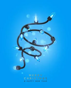 Festive Christmas Blue string lights brightly glowing. Realistic 3d New Year  Stock Illustration