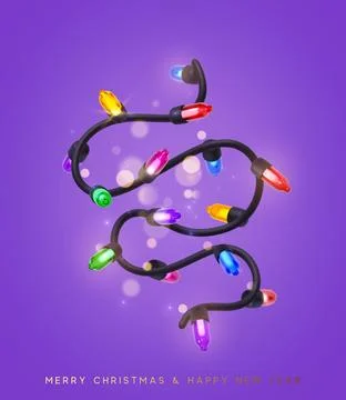 Festive Christmas Blue string lights brightly glowing. Realistic 3d New Yea.. Illustrazione stock