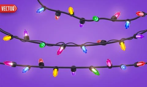 Festive Christmas Blue string lights brightly glowing. Realistic 3d New Yea.. Stock Illustration