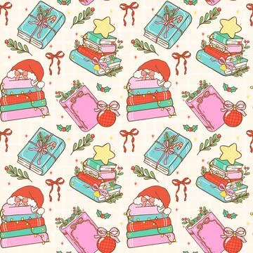 Festive Christmas Bookish Seamless Pattern Cozy Reading Coquette Gingham Re.. イラスト素材