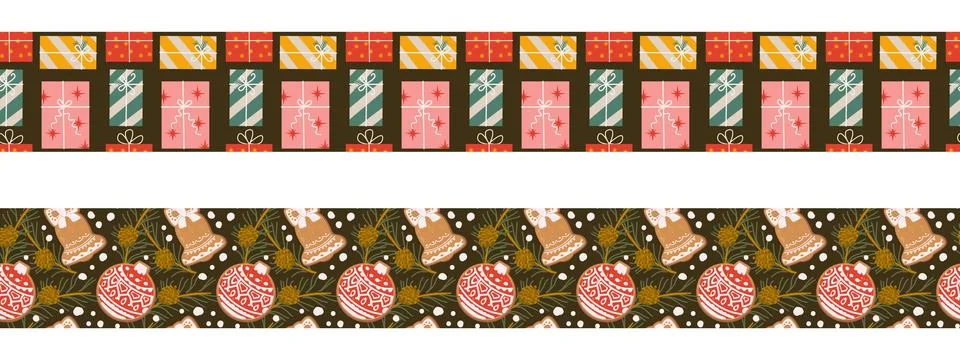 Festive Christmas border pattern with gingerbread cookies and gifts. イラスト素材