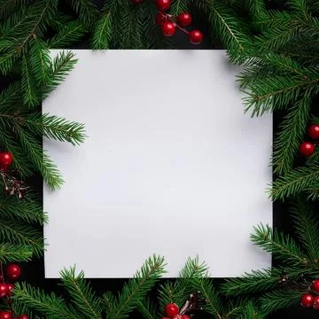 Festive christmas border with pine branches and red berries Stock Photos