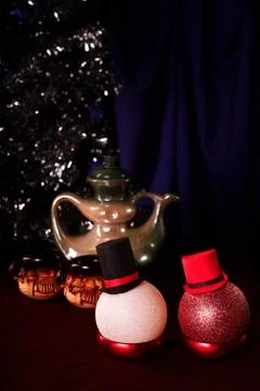 Festive Christmas card. Tea composition with spheres for a fir-tree. Stock-Fotos