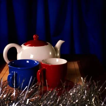 Festive Christmas card. Tea composition with spheres for a fir-tree. Stock Photos