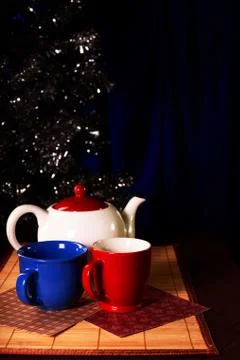 Festive Christmas card. Tea composition with spheres for a fir-tree. Stock-Fotos