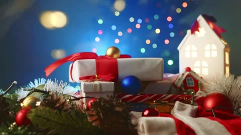 Festive Christmas composition with wrapped presents, garlands, and glowing holid Stock Footage 323672376