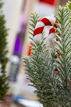 Festive Christmas Decoration with Red Ornaments and Pine Cone Stockfoto's