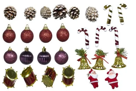 Festive Christmas Decorations Set with Pine Cones, Ornaments, Candy Canes, Bells Stock Photos
