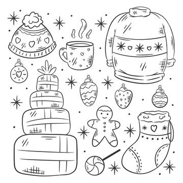 Festive christmas elements collection hand drawn coloring Stock Illustration