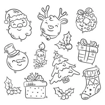 Festive christmas elements icons collection hand drawn coloring Stock Illustration