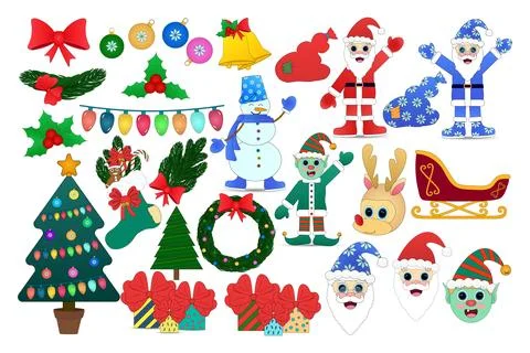 Festive Christmas Elements Set with Santa Claus, Snowman, and Decorations 스톡 일러스트