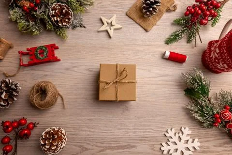 Festive Christmas flat lay with empty center space ideal for product placem.. Stock Photos