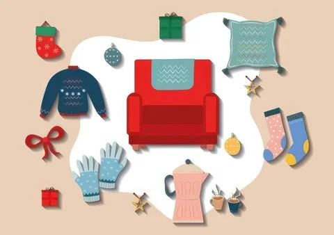 Festive christmas flat lay with socks, gifts, and cozy items Stock Illustration