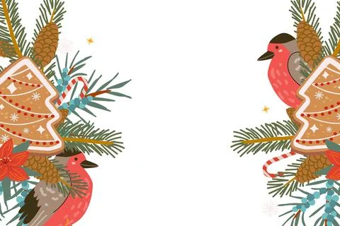 Festive Christmas frame with botanical elements, bullfinch bird, tree Illustrazione stock