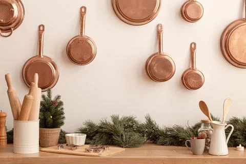 Festive christmas kitchen table with baking tools copy space Stock Photos