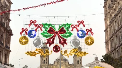 Festive Christmas Light Display and Ornaments Above Zocalo Square in Mexico Stock Footage 341411385