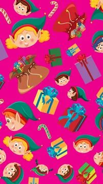 Festive Christmas Pattern with Cartoon Elves Gifts and Candy Canes Stock Illustration