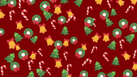 Festive Christmas pattern with colorful candy canes trees and bells on red .. Stock Footage 319314805