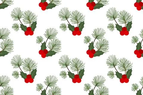 Festive Christmas pattern featuring fir branches and holly. Plants and berrie Stock Illustration