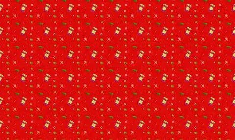 Festive christmas pattern with gifts and holly on red background Stock Illustration