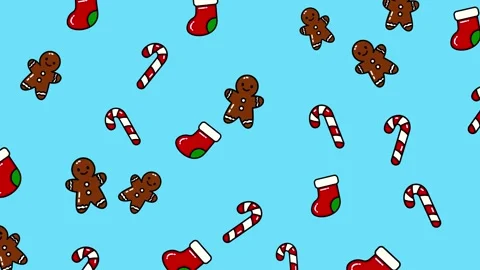 Festive Christmas Pattern with Gingerbread Men, Candy Canes, and Stockings. Stock Footage 321850103