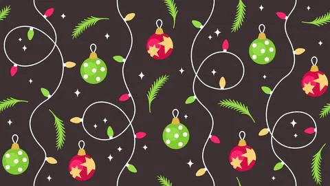 Festive Christmas Pattern with Ornaments, Pine Branches and Colorful String.. Stock Illustration