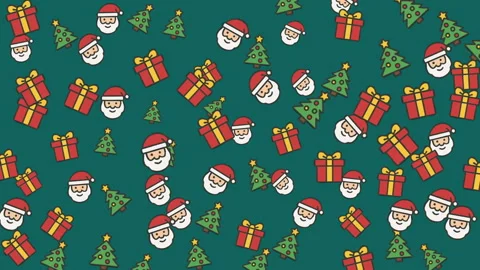 Festive Christmas Pattern with Santa Claus Faces Gift Boxes and Christmas Tre Stock Footage 319314239