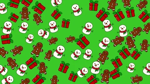 Festive Christmas Pattern with Snowmen, Gingerbread Men, and Gifts on Green.. Stock Footage 321850156