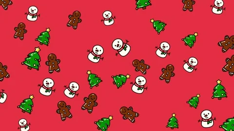 Festive Christmas Pattern with Snowmen, Gingerbread Men, and Christmas Tree.. Stock Footage 322978854
