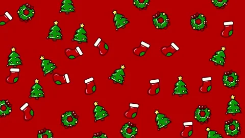 Festive Christmas Pattern - Trees, Wreaths, and Stockings on Red. Stock Footage 322978251