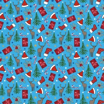 Festive Christmas seamless pattern on blue background Stock Illustration