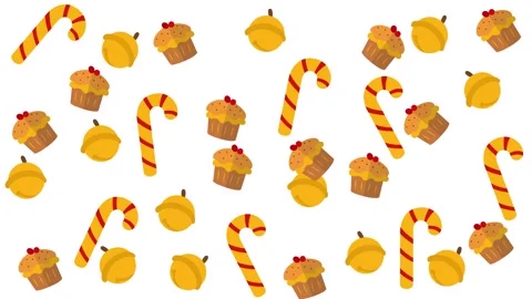 Festive Christmas Seamless Pattern with Candy Canes Cupcakes and Golden Bells Stock Footage 345539191