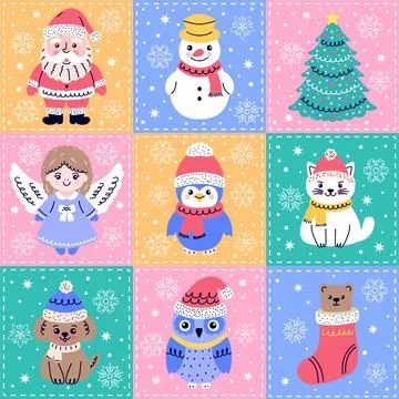 Festive Christmas seamless pattern featuring nine colorful square icons of .. Stock Illustration